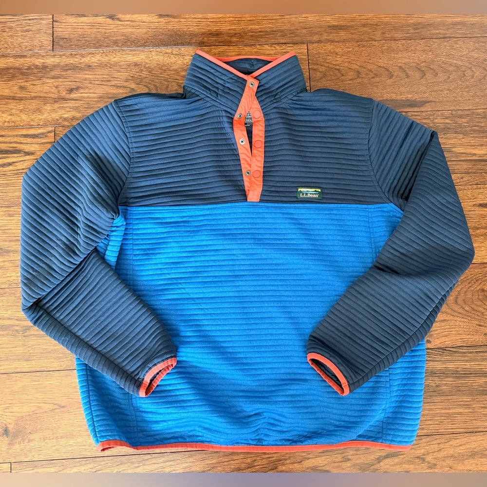 L.L. Bean Navy and Bright Blue Ribbed Snap Pullover with Red Trim.